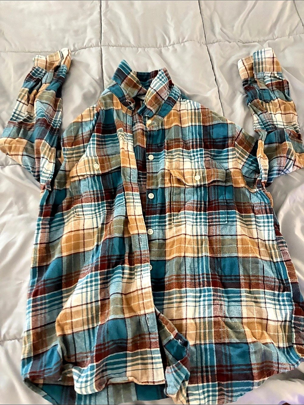 Old Navy The Boyfriend Shirt Plaid Button Down Blue & Brown Small Like New